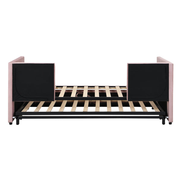 English Elm Twin Upholstered Daybed with Pop-Up Trundle and Slats Kit – Space-Saving Guest Bed with Wheels, Hydraulic Lift, 330lb Capacity Pink SF000005AAH