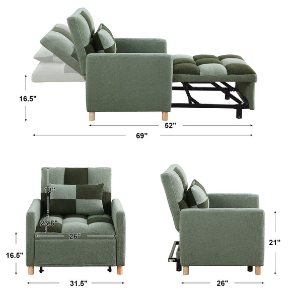 English Elm Convertible Convertible Sleeper Sofa Chair Bed with 3-Position Backrest, Teddy Fabric, Sturdy 330lb Frame Green W1420110194