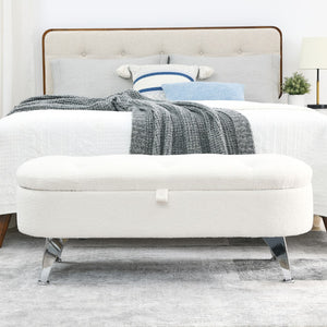 Hearth and Haven Welike Length 45.5 Inches Storage Ottoman Bench Upholstered Fabric Storage Bench End Of Bed Stool with Safety Hinge For Bedroom, Living Room, Entryway, Teddy White W834105751