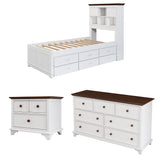 Wyatt 3-Piece Bedroom Set with Twin Size Bed, Nightstand and Dresser, White and Walnut