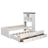 Hearth and Haven Wyatt Captain Bookcase Bed with Trundle, 3 Drawers, Twin, White and Walnut BS305270AAK