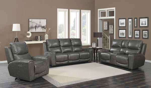English Elm Steve Silver - Leather Grey Power Reclining Sofa & Loveseat Set with USB Charging, Console Cup Holders, Storage B081109525