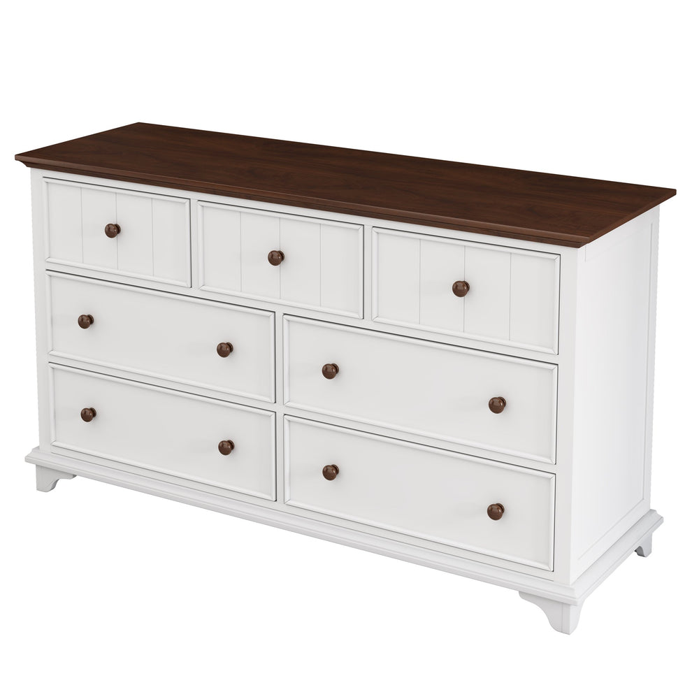 English Elm Wooden Seven-Drawer Dresser White Walnut Finish — Solid Pine Storage Chest for Bedroom & Living Room WF317050AAK