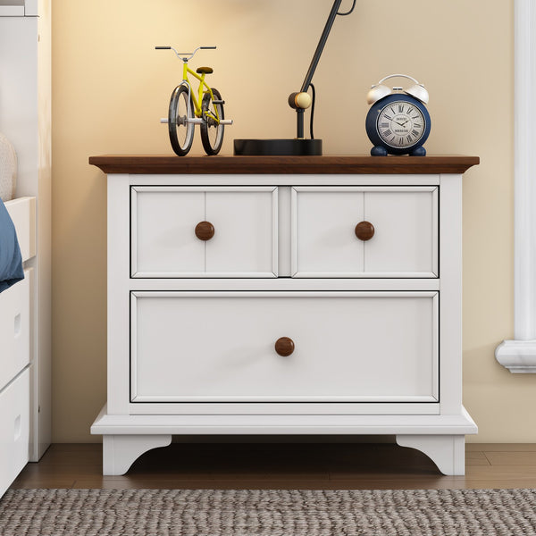 English Elm Wooden Two-Drawer Nightstand White & Walnut — Solid Pine Storage Table for Bedroom, Kids, Living Room WF305273AAK