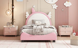 Hearth and Haven Cute Twin Size Upholstered Bed with Unicorn Shape Headboard, Twin Size Platform Bed with Headboard and Footboard, White+Pink WF303338AAH