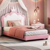 English Elm Twin Size Upholstered Princess Bed With Crown Headboard,Twin Size Platform Bed With Headboard and Footboard,White+Pink