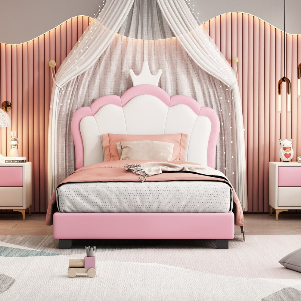 English Elm Twin Platform Bed Upholstered Crown Headboard Storybook Style for Girls Bedroom Pink N733P180807H