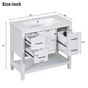 English Elm 36" White Oak Bathroom Vanity with Resin Sink Usb Charging and Three Drawers SV000009AAW