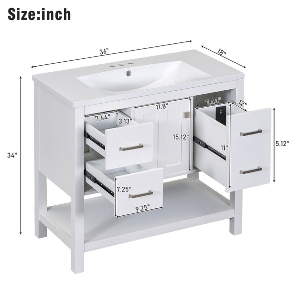 English Elm 36" White Oak Bathroom Vanity with Resin Sink Usb Charging and Three Drawers SV000009AAW
