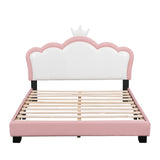 English Elm Full Size Upholstered Princess Bed With Crown Headboard,Full Size Platform Bed With Headboard and Footboard,White+Pink