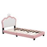 English Elm Twin Size Upholstered Princess Bed With Crown Headboard,Twin Size Platform Bed With Headboard and Footboard,White+Pink