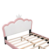 English Elm Full Size Upholstered Princess Bed With Crown Headboard,Full Size Platform Bed With Headboard and Footboard,White+Pink