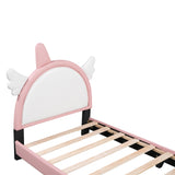 Hearth and Haven Cute Twin Size Upholstered Bed with Unicorn Shape Headboard, Twin Size Platform Bed with Headboard and Footboard, White+Pink WF303338AAH