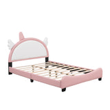 English Elm Cute Full Size Upholstered Bed With Unicorn Shape Headboard,Full Size Platform Bed With Headboard and Footboard,White+Pink