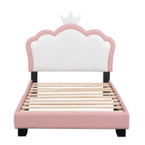 English Elm Twin Size Upholstered Princess Bed With Crown Headboard,Twin Size Platform Bed With Headboard and Footboard,White+Pink