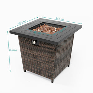English Elm 28" 28inch Propane Fire Pit Table 50000 BTU Square Steel Outdoor Patio Table with Rocks Lid Black Brown W853102854