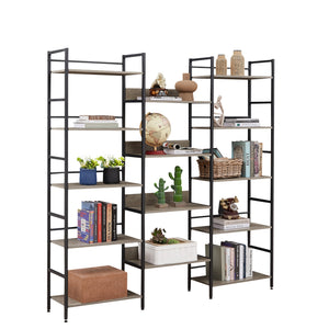 English Elm Triple Triple Wide 5-Shelf Bookshelves Industrial Retro Wooden Style Large Open Display Unit with Anti-Tip Straps and Adjustable Feet for Home Office Storage and Decor 69.3"W x 11.8"D x 70.1"H Grey W1668102869