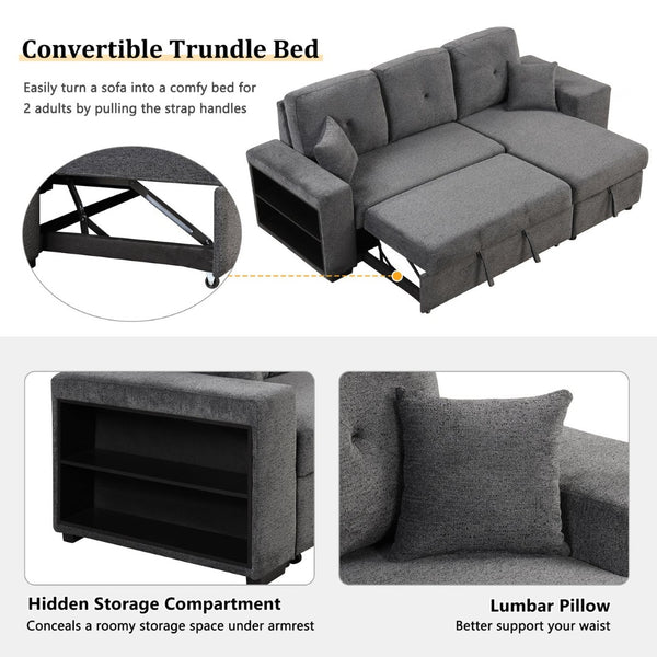English Elm Reversible Velvet Sectional Sleeper Sofa with Storage Chaise Stools and Pull Out Bed SG000790AAB