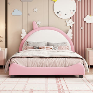 English Elm Cute Full Size Upholstered Bed With Unicorn Shape Headboard,Full Size Platform Bed With Headboard and Footboard,White+Pink