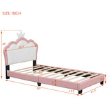 English Elm Twin Size Upholstered Princess Bed With Crown Headboard,Twin Size Platform Bed With Headboard and Footboard,White+Pink