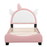 Hearth and Haven Cute Twin Size Upholstered Bed with Unicorn Shape Headboard, Twin Size Platform Bed with Headboard and Footboard, White+Pink WF303338AAH