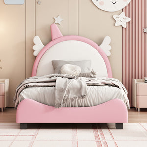 English Elm Cute Twin Size Upholstered Bed With Unicorn Shape Headboard,Twin Size Platform Bed With Headboard and Footboard,White+Pink