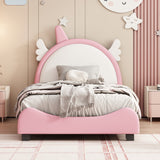 Hearth and Haven Cute Twin Size Upholstered Bed with Unicorn Shape Headboard, Twin Size Platform Bed with Headboard and Footboard, White+Pink WF303338AAH