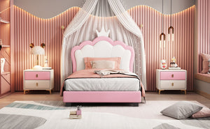 English Elm Twin Platform Bed Upholstered Crown Headboard Storybook Style for Girls Bedroom Pink N733P180807H