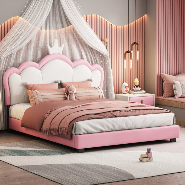 English Elm Full Upholstered Princess Bed with Crown Headboard — Sturdy Full Platform Bed for Girls, 500lb Capacity Pink 58.86 L x 25.98 W x 6.5 H N733P180808H