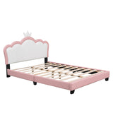 English Elm Full Size Upholstered Princess Bed With Crown Headboard,Full Size Platform Bed With Headboard and Footboard,White+Pink