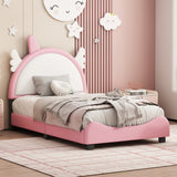 Twin Unicorn Shape Upholstered Bed, White/Pink, Platform