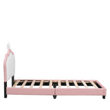 English Elm Twin Size Upholstered Princess Bed With Crown Headboard,Twin Size Platform Bed With Headboard and Footboard,White+Pink