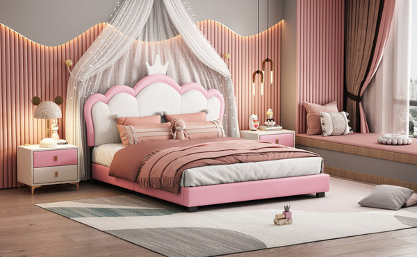 English Elm Full Upholstered Princess Bed with Crown Headboard — Sturdy Full Platform Bed for Girls, 500lb Capacity Pink 58.86 L x 25.98 W x 6.5 H N733P180808H