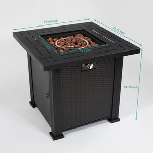 English Elm 28" 28inch Propane Fire Pit Table 50000 BTU Square Steel Outdoor Patio Table with Rocks Lid Black W853102853