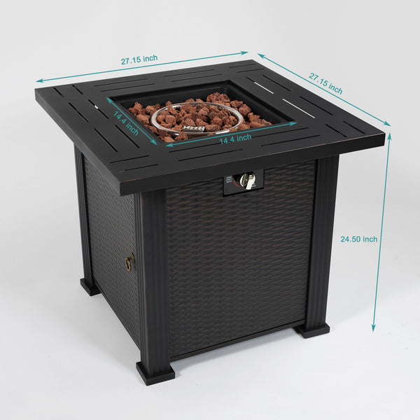 English Elm 28" 28inch Propane Fire Pit Table 50000 BTU Square Steel Outdoor Patio Table with Rocks Lid Black W853102853