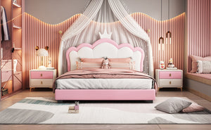 English Elm Full Upholstered Princess Bed with Crown Headboard — Sturdy Full Platform Bed for Girls, 500lb Capacity Pink 58.86 L x 25.98 W x 6.5 H N733P180808H
