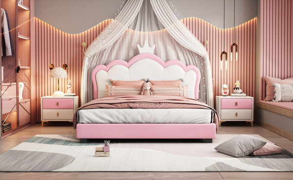 English Elm Full Upholstered Princess Bed with Crown Headboard — Sturdy Full Platform Bed for Girls, 500lb Capacity Pink 58.86 L x 25.98 W x 6.5 H N733P180808H