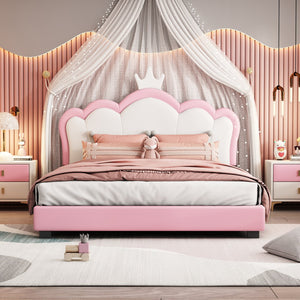 English Elm Full Upholstered Princess Bed with Crown Headboard — Sturdy Full Platform Bed for Girls, 500lb Capacity Pink 58.86 L x 25.98 W x 6.5 H N733P180808H