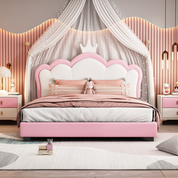 English Elm Full Upholstered Princess Bed with Crown Headboard — Sturdy Full Platform Bed for Girls, 500lb Capacity Pink 58.86 L x 25.98 W x 6.5 H N733P180808H