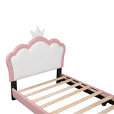 English Elm Twin Size Upholstered Princess Bed With Crown Headboard,Twin Size Platform Bed With Headboard and Footboard,White+Pink