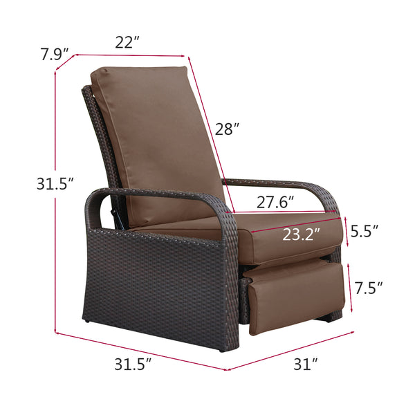 English Elm Outdoor Garden Recliner Chair with Thick Removable Cushion, Rust‑Proof Aluminum Frame, 3‑Position Recline, Weatherproof Wicker Comfort Brown W1889113141