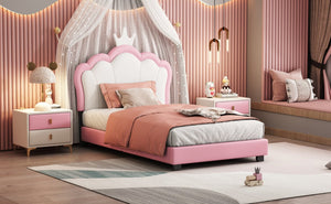 English Elm Twin Platform Bed Upholstered Crown Headboard Storybook Style for Girls Bedroom Pink N733P180807H