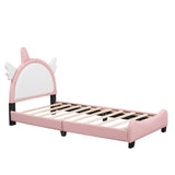 Hearth and Haven Cute Twin Size Upholstered Bed with Unicorn Shape Headboard, Twin Size Platform Bed with Headboard and Footboard, White+Pink WF303338AAH