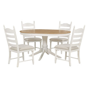 English Elm Trexm Rubberwood Round Extendable Pedestal Dining Set with Ladder Back Upholstered Chairs Off White ST000091AAD