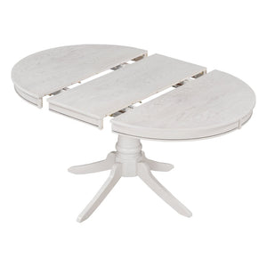 English Elm Trexm Rubberwood Round Extendable Pedestal Dining Set with Ladder Back Upholstered Chairs Antique White ST000091AAK