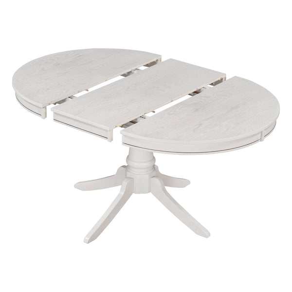 English Elm Trexm Rubberwood Round Extendable Pedestal Dining Set with Ladder Back Upholstered Chairs Antique White ST000091AAK