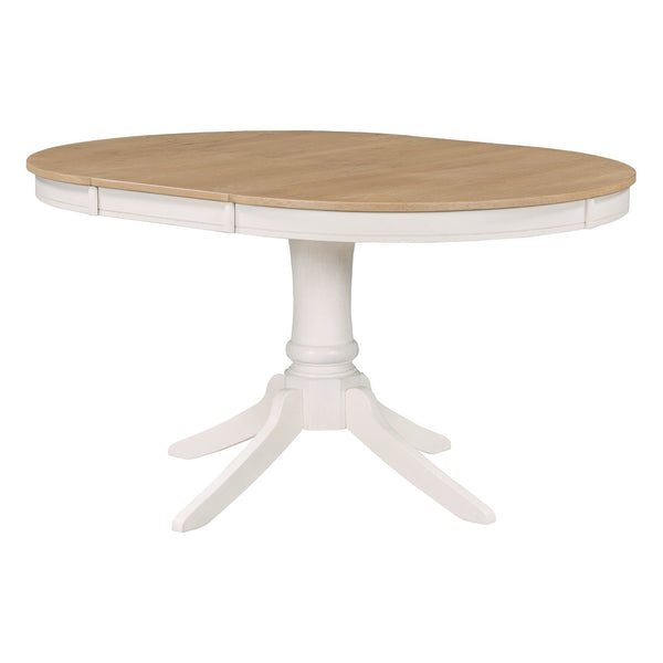 English Elm Trexm Rubberwood Round Extendable Pedestal Dining Set with Ladder Back Upholstered Chairs Off White ST000091AAD