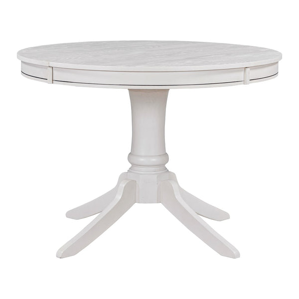 English Elm Trexm Rubberwood Round Extendable Pedestal Dining Set with Ladder Back Upholstered Chairs Antique White ST000091AAK