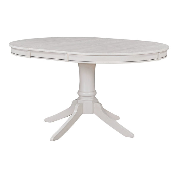 English Elm Trexm Rubberwood Round Extendable Pedestal Dining Set with Ladder Back Upholstered Chairs Antique White ST000091AAK