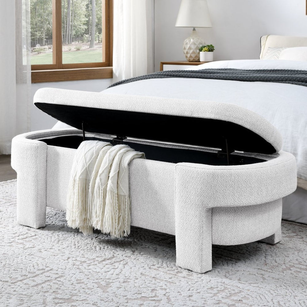 English Elm Linen Upholstered Storage Bench with Turned Legs Cream Fabric Entryway Bedroom Seat W48790039
